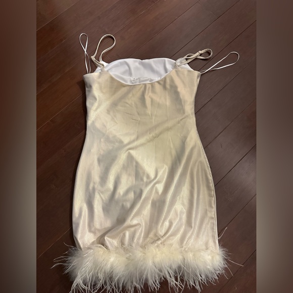 GODDESS GOLD SHIMMER MINI DRESS with Feather Trim - 12th Tribe - Picture 5 of 7